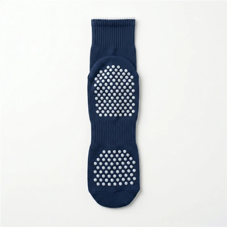 Custom Non Slip Football Socks Navy Blue Anti Skid Grip Soccer Socks With White Grip Dots OEM Team Logo Mid Calf Athletic Socks factory